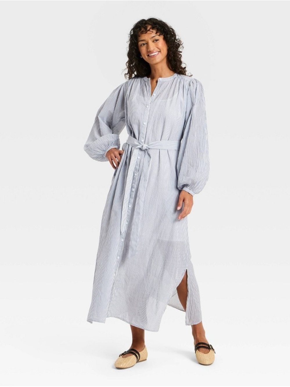 Universal Thread Light Blue Striped Maxi Shirt Dress with Waist Tie b201